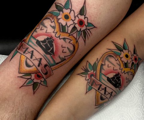 2 nieuwe tattoos voor 2 troste kersverse ouders. Een traditionele tattoo voor je kind is een pefecte manier om je liefde voor je kleintje te vereeuwigen