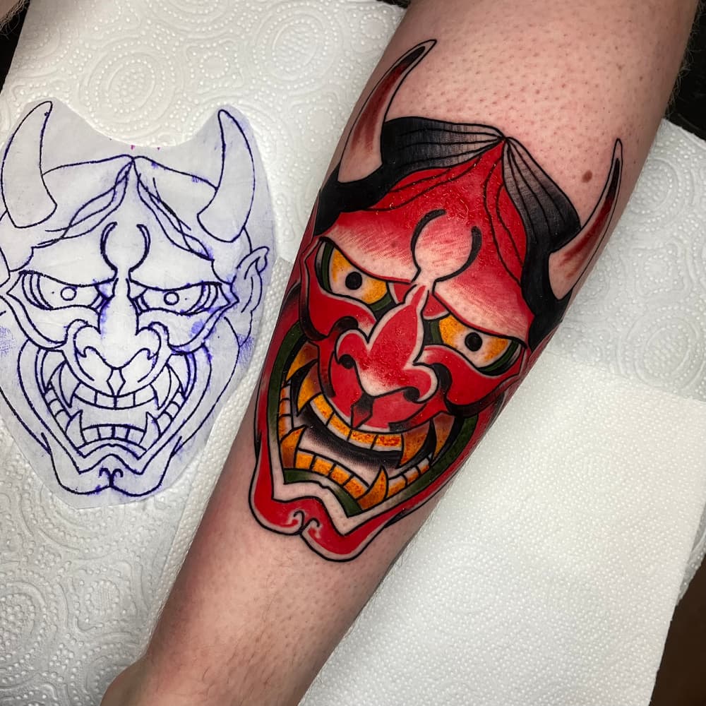 Japanese hannya masker tattoo op het been door StayXGold Tattoo Barendrecht