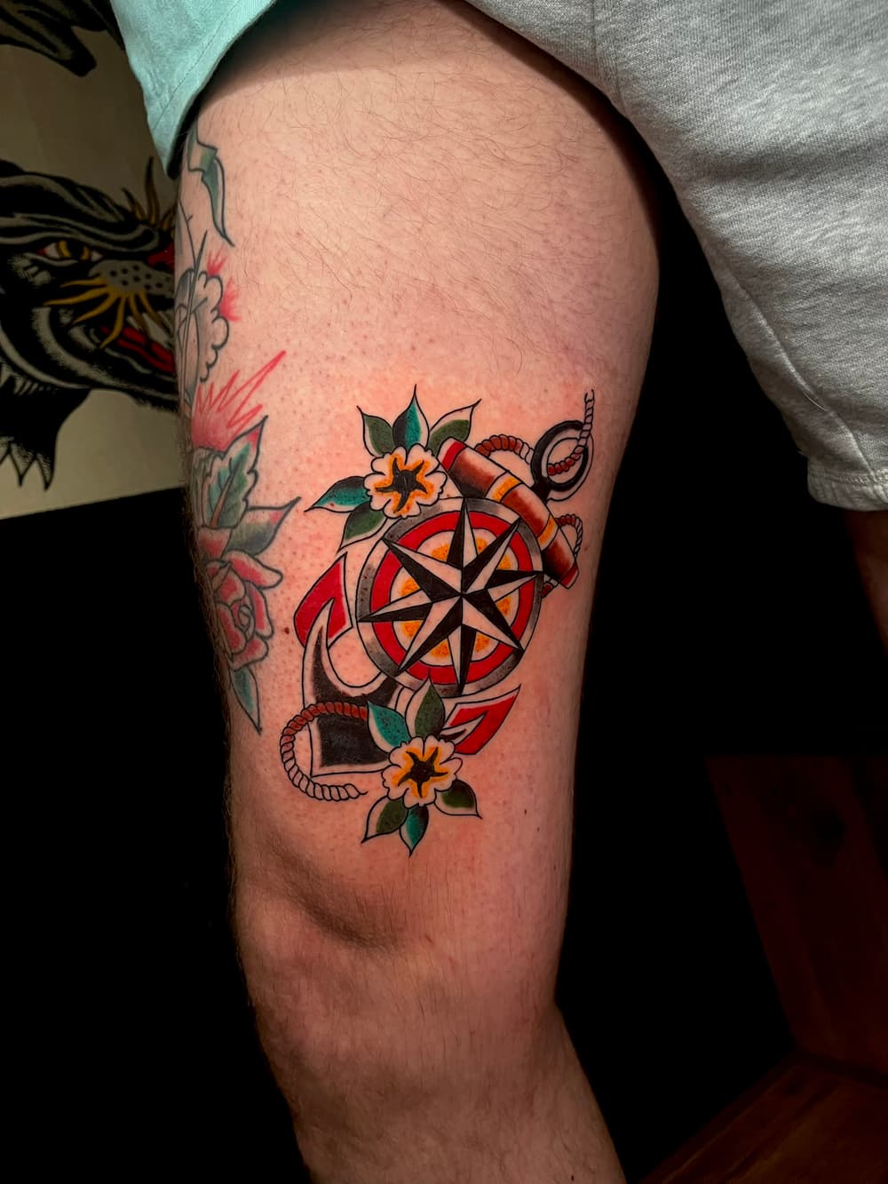 Traditional anker tattoo op het been door StayXGold Tattoo Barendrecht